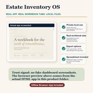 Estate Inventory OS trust signals image showing filled example data, formulas, categories, privacy-first files, and compatibility.
