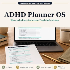ADHD Planner OS Offline Browser App + Spreadsheet, Excel + Google Sheets