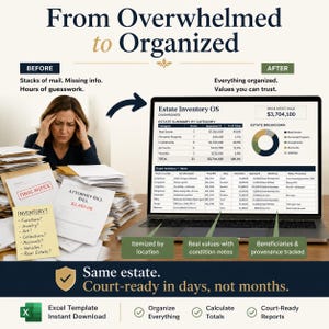 Estate Inventory OS before and after image showing messy tracking transformed into the organized product worksheet or web app.