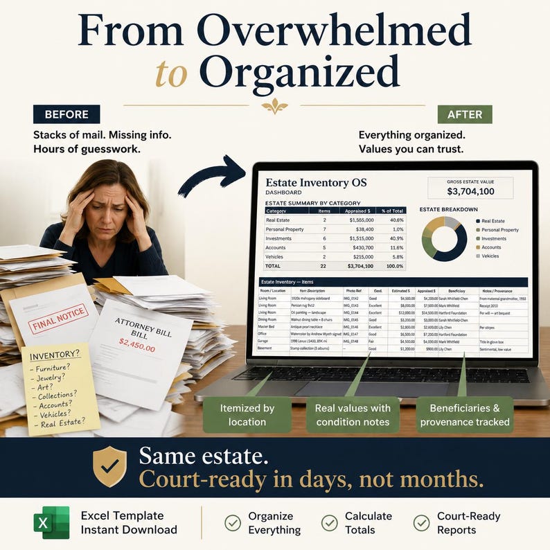 Estate Inventory OS before and after image showing messy tracking transformed into the organized product worksheet or web app.