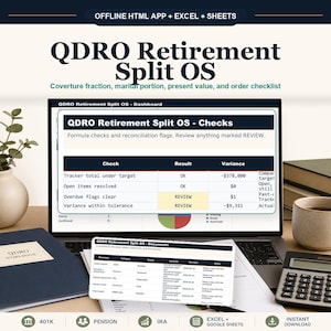 QDRO Pensioen Gesplitst besturingssysteem Offline browser-app + spreadsheet, Excel + Google Spreadsheets
