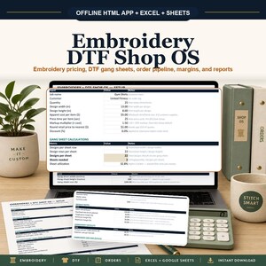 Applicazione offline per browser DTF per il negozio di ricamo, compatibile con OS, con fogli di calcolo, Excel e Google Sheets.