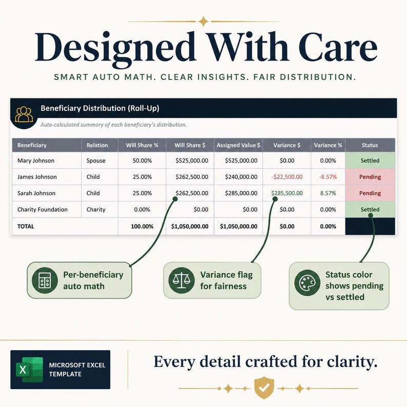 Estate Inventory OS detail showcase image zooming into real worksheet rows, totals, statuses, formulas, or notes.