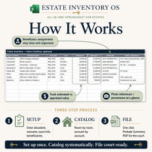 Estate Inventory OS three-step workflow image showing setup, tracking, and review using the product worksheet or web app.