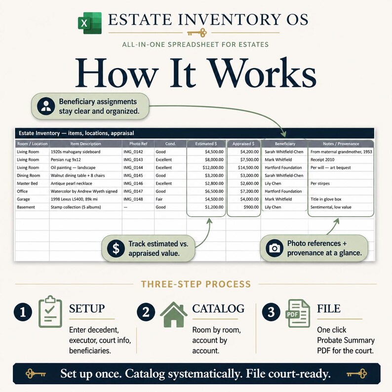 Estate Inventory OS three-step workflow image showing setup, tracking, and review using the product worksheet or web app.