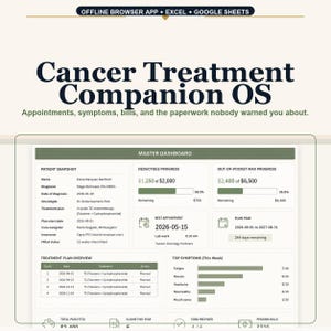 Cancer Treatment Tracker Workbook - Appointments, Symptoms, Bills, Caregiver Coordination, PAP & FMLA Log | Excel + Google Sheets