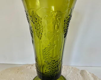 Vintage Green Glass Vase with Grapevines,Indiana Glass ,Midcentury Modern ,70s ,Flower Vase ,