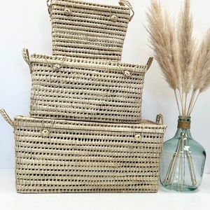 Trío de baúles de almacenamiento de mimbre, trío de cajas de juguetes de hoja de palma 80 cm + 60 cm + 40 cm, cajas de almacenamiento