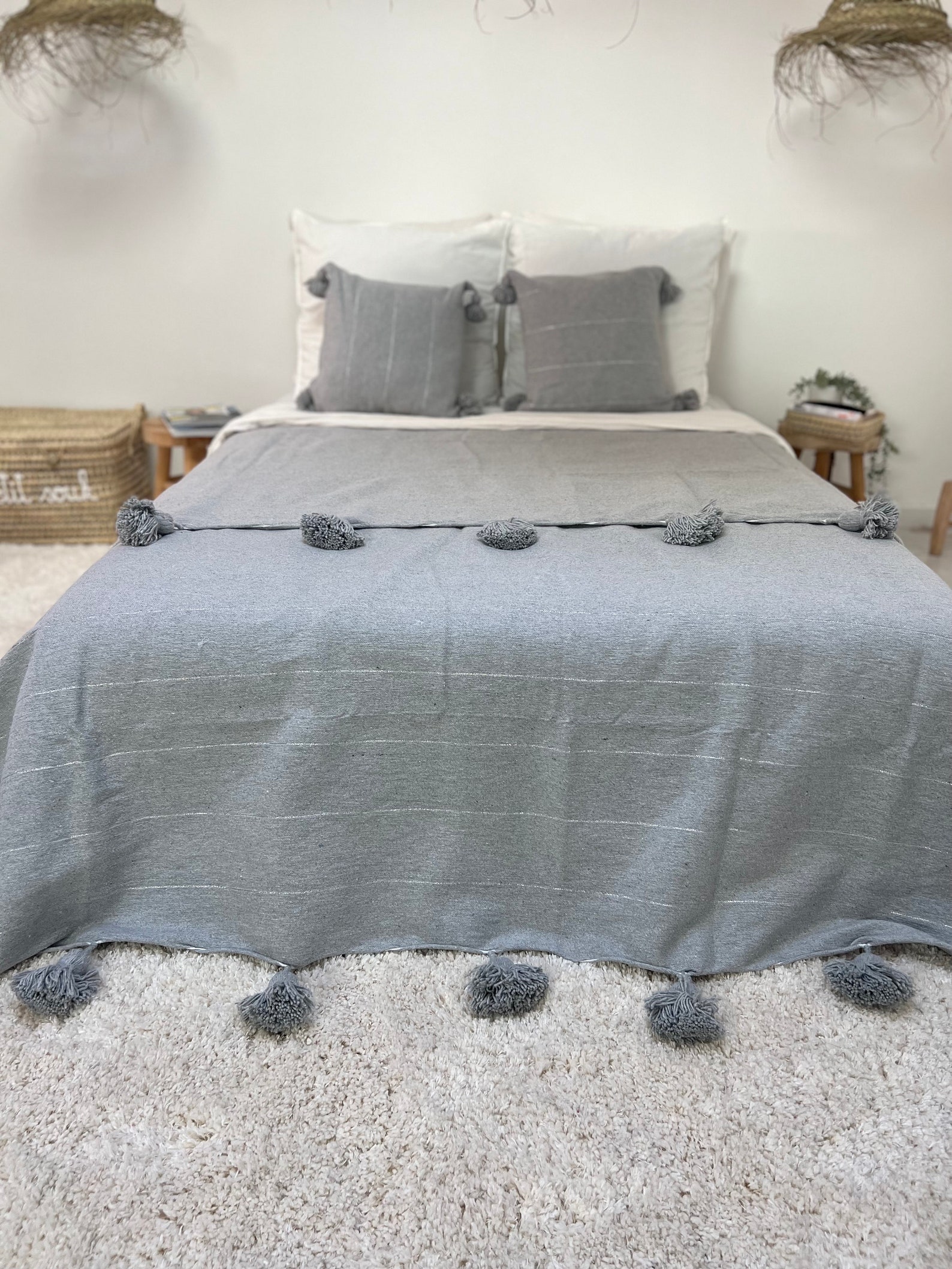 Handmade Moroccan Cotton Throw with Pom-Pom Detail — view 2
