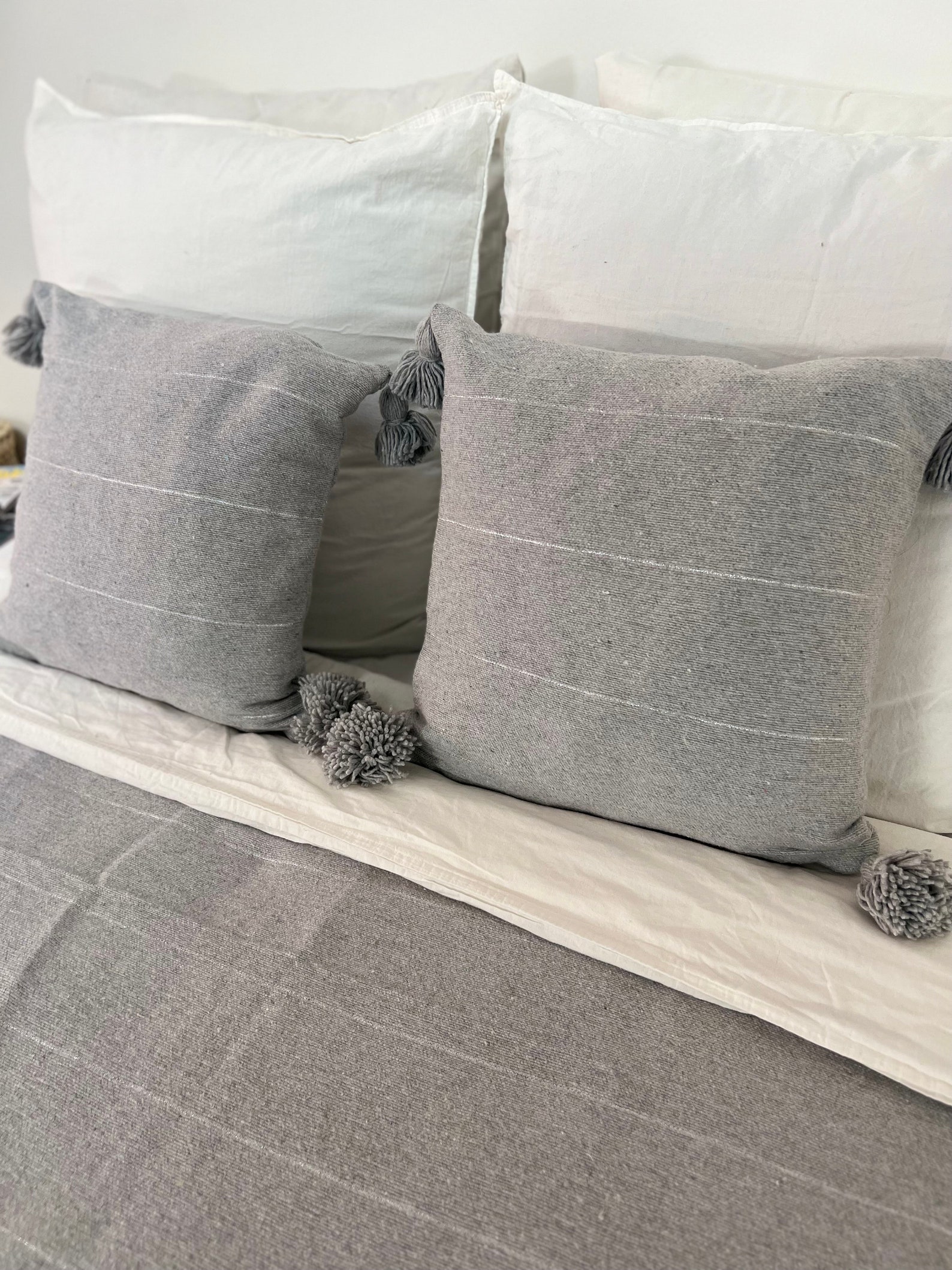 Handmade Moroccan Cotton Throw with Pom-Pom Detail — view 4