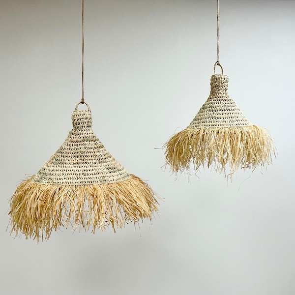 EVA bell suspension with fringes in palm leaves, openwork suspension, wicker lighting, lampshade, lampshade