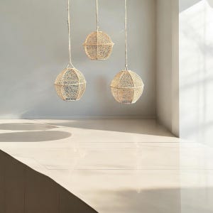 Raffia ball trio suspensions, wicker suspension, light fixture, raffia lampshade