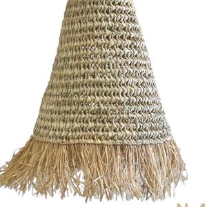 May include: A natural woven pendant light with a fringe trim. The light is made of a light brown material and has a bell shape.