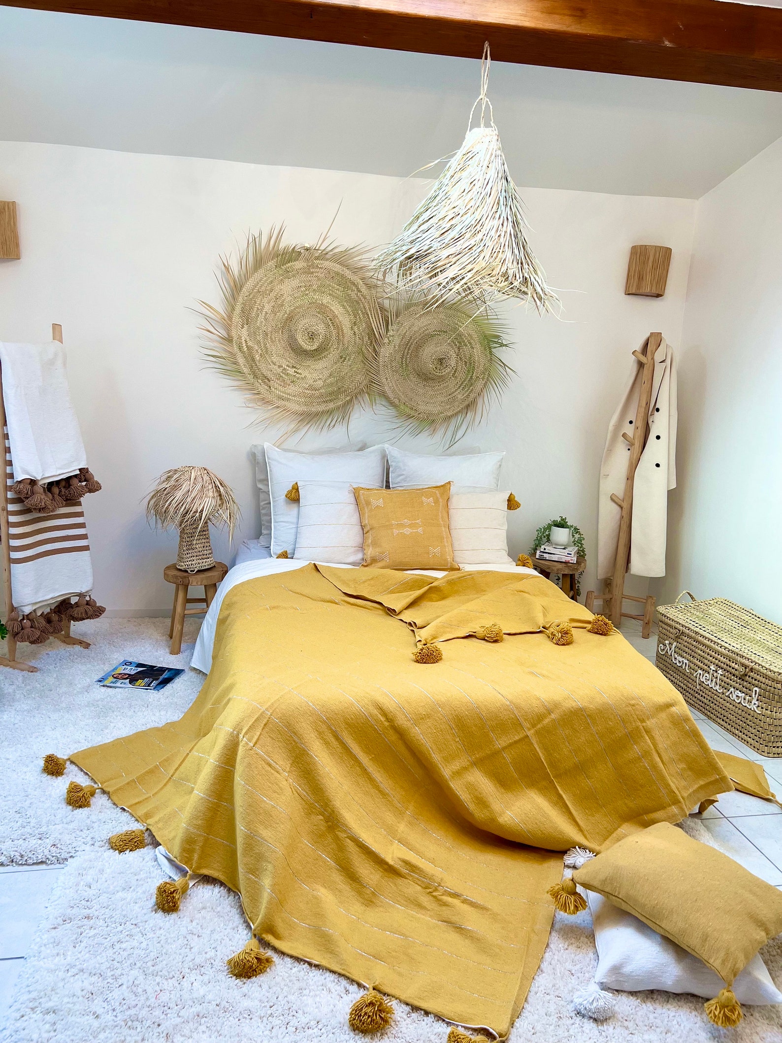 Handmade Moroccan Cotton Throw with Pom-Pom Detail — view 3