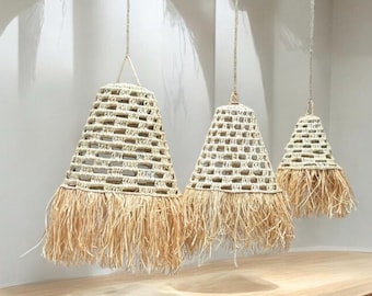 EVA pendant lights with palm leaf fringe, raffia, openwork EVA pendant lights, wicker light fixture, lampshade