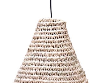 May include: A natural woven pendant light shade made of straw, with a conical shape and a light beige color.
