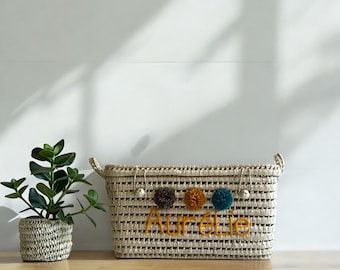 Baúl de juguetes de mimbre personalizable de 60 cm, baúl de almacenamiento de mimbre, cesta de almacenamiento, baúl de almacenamiento de hoja de palma