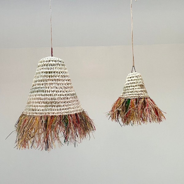 Suspensions coniques EVA à franges en feuilles de palmier, Raphia multicolore , luminaire osier, abat-jour, lampshade