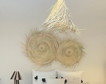 Moroccan straw hats, natural fiber palm leaf wall decoration