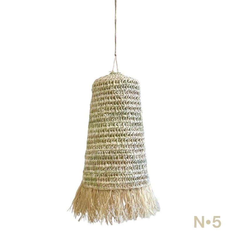 May include: A natural woven pendant light with a fringed bottom. The light is made of a light beige material and has a bell shape.