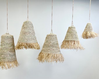 EVA ophangingen met palmblad franjes, Raffia, opengewerkte EVA ophangingen, rieten verlichting, lampenkap, lampenkap