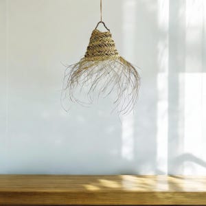 May include: A woven straw lampshade with a fringe of natural fibres hangs from a white ceiling. The lampshade is cone-shaped and has a natural, rustic look.
