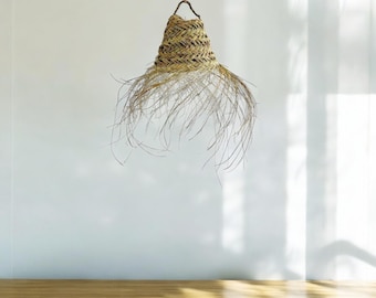 May include: A woven straw lampshade with a fringe of natural fibers hangs from a white ceiling. The lampshade is cone-shaped and has a natural, rustic look.