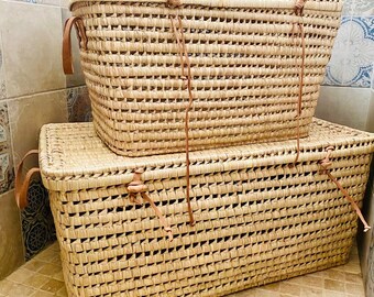 Baúl de cuero, baúl de almacenamiento, arcón de almacenamiento, baúl de fibra natural