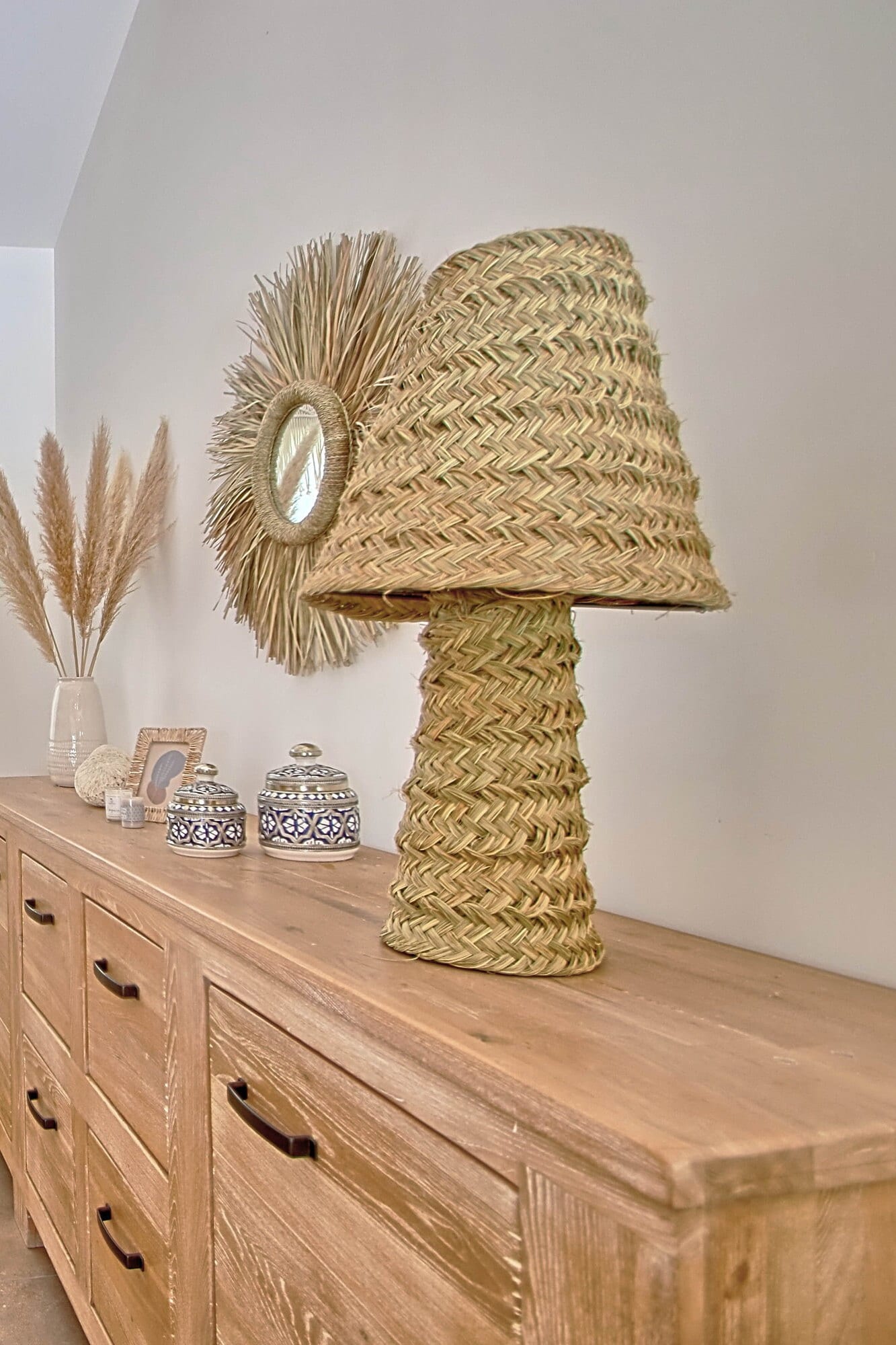 Lampe Sur Pied En Osier, Lampe Feuille De Palmier, Gamme Emma Desert, Abat Jour, Chevet