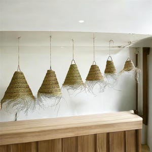 May include: A set of six woven pendant lights, each with a conical shape and a natural straw colour. The lights are hanging from a white ceiling and are arranged in a row, with the largest light at the left and the smallest light at the right.
