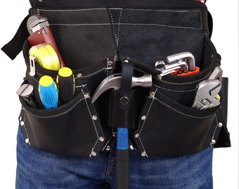 Full Grain Leather Heavy Duty, Water Resistant, Padded  construction toolbelt, 11 Pockets, Padded Waist band, Pouch, Carpenters Work Belt