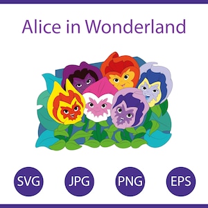 Alicja w Krainie Czarów Svg, Alicja w Krainie Czarów kwiaty, Pansy Svg, gadające kwiaty Svg Instant Download dla Twojego projektu DIY