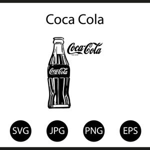 Könnte beinhalten: Schwarz-Weiß-Illustration einer Coca-Cola-Flasche und des Logos. Der Schriftzug "Coca Cola" steht oben. Darunter befinden sich Kreise mit den Bezeichnungen "SVG", "JPG", "PNG" und "EPS".