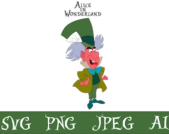 May include: A cartoon illustration of the Mad Hatter from Alice in Wonderland. He is wearing a green hat with a 10 of Diamonds card on it, a green jacket, and a blue bow tie. He has a red face and a mischievous grin.