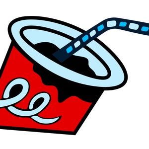 Könnte beinhalten: Cartoon-Illustration eines roten Pappbechers, gefüllt mit einer dunklen Flüssigkeit, mit einem hellblauen Rand und einem gebogenen Strohhalm. Der Becher hat ein weißes und hellblaues Design an der Seite.