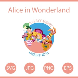 Puede incluir: Una ilustración colorida de Alicia, el Sombrerero Loco y la Liebre de Marzo tomando el té. El texto "A Very Merry Unbirthday" está escrito en azul sobre un fondo rosa.