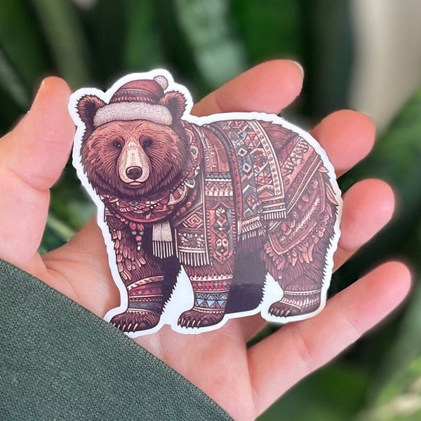 Boho Grizzly Hippie Bear Sticker, Water Bottle or Laptop Sticker