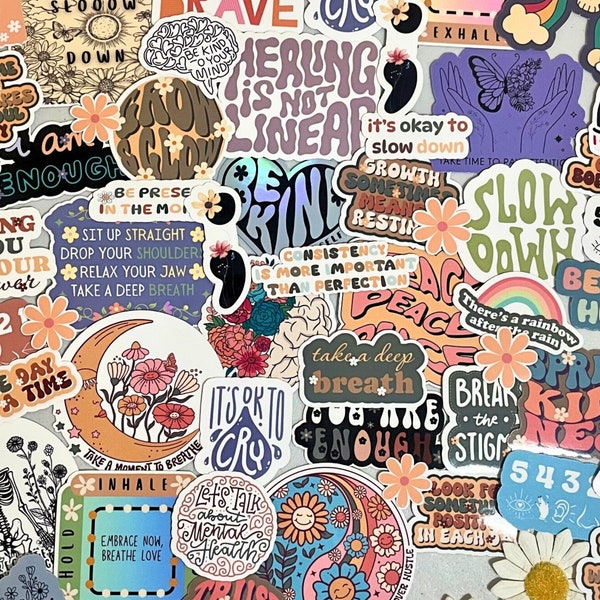 Stickerpakket geestelijke gezondheid | Willekeurige retro- en boho-stickerbundel voor angst, mindfulness en geestelijke gezondheid