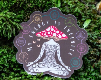 Meine Energie ist unendlich Meditation Yoga Aufkleber, Boho Pilz Chakra Aufkleber, spiritueller Pilz Mädchen Yoga Geschenk Aufkleber, wasserdichtes Vinyl