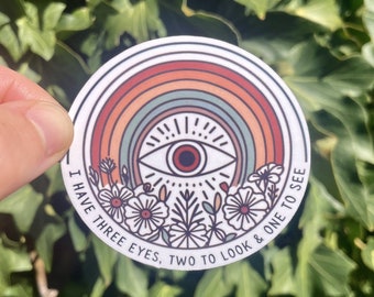 Sticker bohème pour chakra du troisième œil « J'ai 3 yeux, deux à regarder et un à voir » - Sticker yoga rétro arc-en-ciel et fleurs - Sticker méditation