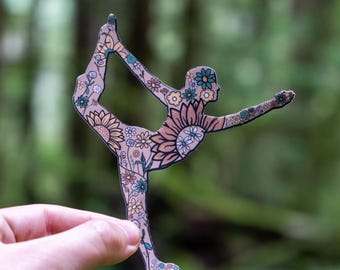 Floral Boho Yoga Sticker, Dancer&#39;s Yoga Pose, Yoga Girl Sticker, Yoga Teacher Gift, Spiritual Yoga Water Bottle Or Laptop Sticker Art