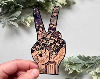 Boho Hippie Peace Hand Sticker, 70's Groovy Peace Sign Sticker, Waterproof, Laptop or Water Bottle Sticker