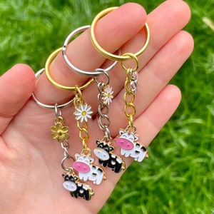 Mini Kuh und Gänseblümchen Ästhetischer Schlüsselbund, Nettes Zubehör Kuh-Liebhaber-Geschenk, Kawaii Schlüsselanhänger, Geschenkideen für Vegan, Bauernhof Tiere