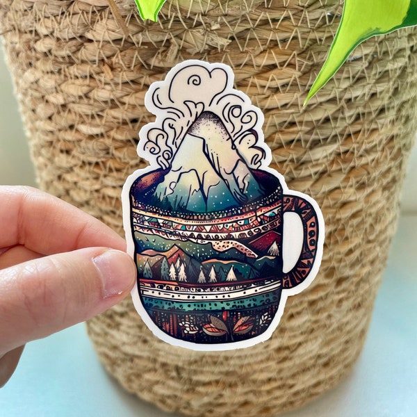 Mountain Coffee Cup Sticker - Mountains Coffee and Camping - Waterproof Coffee Mug Sticker, Camping Gifts