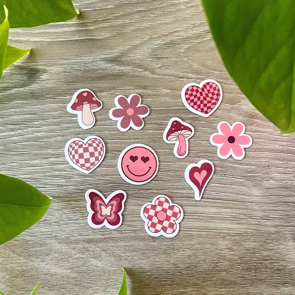 Tiny Retro Valentine's Day Filler Stickers, 10 Pink & Red Mini Waterproof Romancecore Stickers, Lovecore