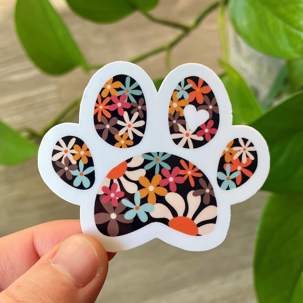 Groovy Flower Paw Print Sticker - Cute Animal Lover Sticker, Pet Lover Gift