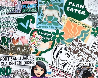 Vegan Sticker Pack, Waterproof Animal Rights And Vegan Stickers, Water Bottle or Laptop Animal Lover Stickers, Vegan Gifts, Vegan Bundle