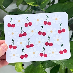 Stickervel mini kersen en madeliefje, stickers klein vinyl fruit waterfles, waterdichte stickers mini madeliefjebloem, schattige Kindle-stickers, 24