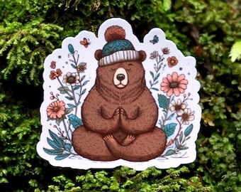 Yoga Bär Meditation Aufkleber, wasserdichte Wasserflasche oder Laptop Aufkleber, Yoga + Achtsamkeit Geschenk