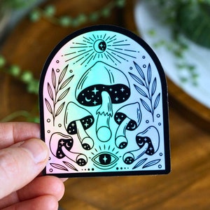 Holographic Mushroom Sticker: Celestial Rainbow, Waterproof and Trippy Sticker